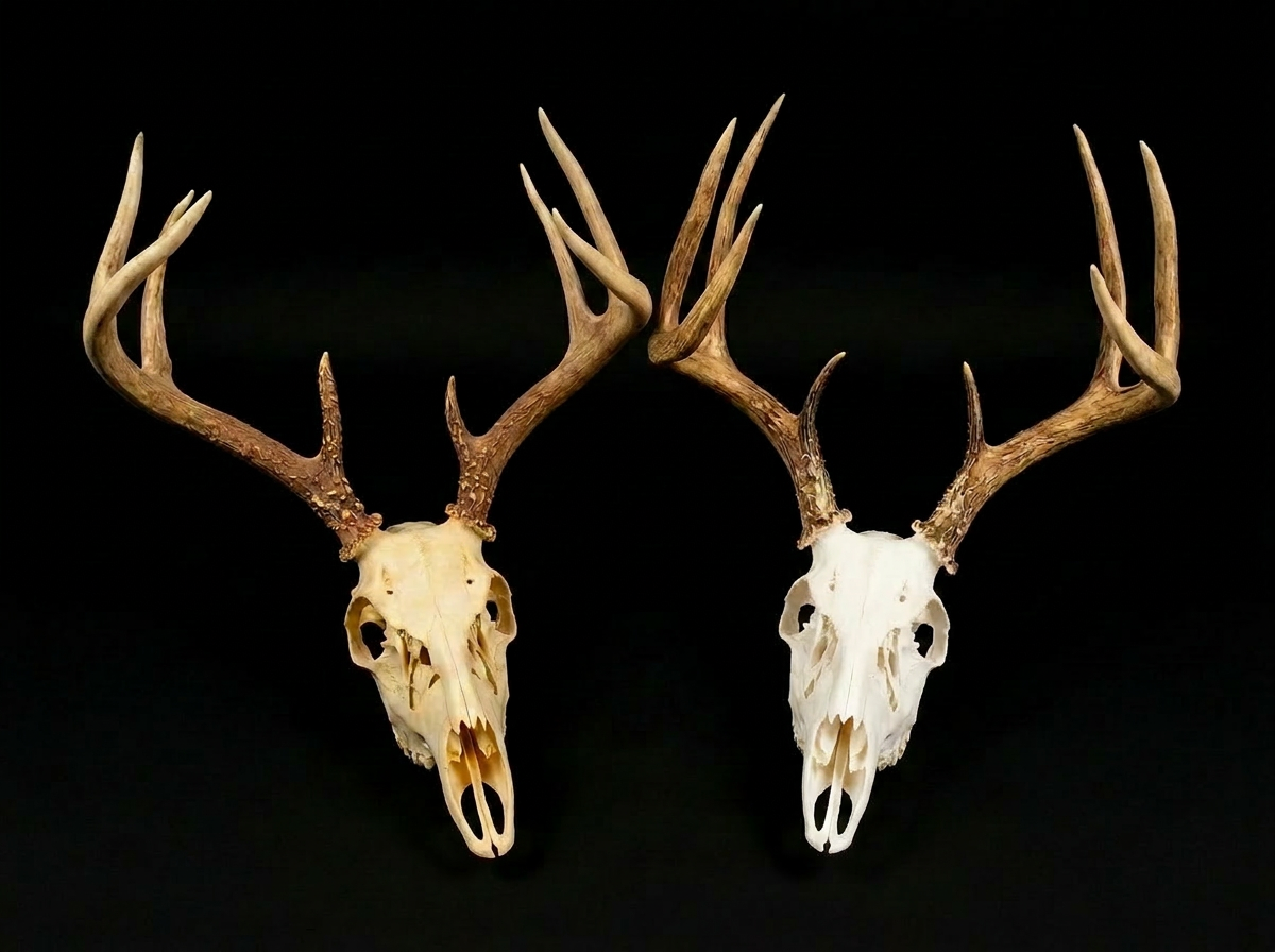Side-by-side comparison of a boiled deer skull (left, yellowed) and a beetle-cleaned deer skull (right, natural off-white) with antlers