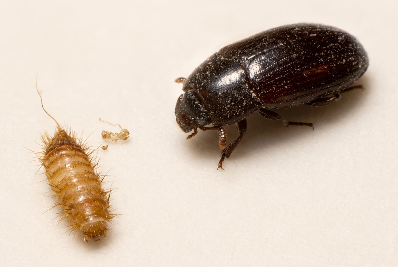 Macro photograph of an adult dermestid beetle next to a golden-haired dermestid larva