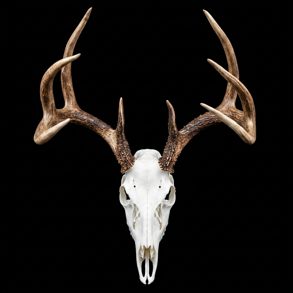Whitetail deer skull with full natural antlers on a black backdrop